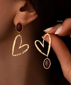-3گوشواره میخی قلب کوبه ای عقیق